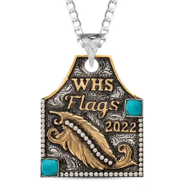  Make a statement with the Martina Cow Tag Necklace, crafted on a hand-engraved German Silver base with a signature antique finish. Featuring a German Silver beaded edge and Jeweler's Bronze elements, including a feather, lettering, and top edge, this nec